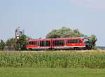 Am 28.Juli 2013 war 642 082 am stlichen Esig des Bahnhofs Sontheim(Schwaben) als RE auf dem Weg nach Memmingen.