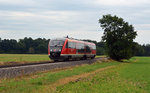 642 009 war am 31.07.16 von Geithain aus unterwegs nach Leipzig als er hier durch Belgershain rollte.