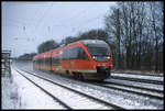 Ein DB Talent auf der Rollbahn ist zwischen Münster und Osnabrück eine Besonderheit. Am 31.1.2003 kam 643058-1 um  9.52 Uhr durch Natrup Hagen und war offensichtlich als Sonder- bzw. Überführungsfahrt in Richtung Norden unterwegs.