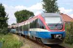 Nachschuss auf gleich 2 gekuppelte Triebwagen VT 643  Talent  der Prignitzer Eisenbahnen als RB51 von Dortmund nach Enschede, hier gesehen am 21.07.2007 in Dlmen am Bahnbergang Mnsterstrae.