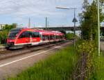 643 518 Botschaftertriebwagen fr den Ort  Barbelroth  
Am 14.Mai 2013 am Bahnhof Karlsruhe West.