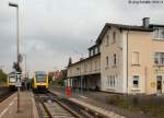 Blick nach Sden auf die Zugkreuzung in Lauterbach: HLB-VT 278 fhrt nach Fulda und HLB-VT (rechts) nach Gieen. 