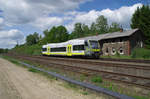 Agilis VT 650.715 (Taufname Naila) ist auf der Relation Hof - Münchberg unterwegs. Hier bei Oberkotzau gab es mal einen großen Rangierbahnhof. Bahnstrecke 5100 Bamberg - Hof am 25.05.2017
