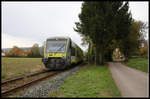 Agilis VT 650.703 hat hier am 21.10.2019 13.04 Uhr gerade Ebermannstadt in Richtung Forchheim verlassen.