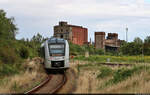 An der alten Malzfabrik schlängelt sich 1648 905-5 (Alstom Coradia LINT 41) zum Bahnhof Könnern.