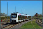 1648 452 erreicht am 30.04.2023 zusammen mit einem weiteren Lint 41 der Abellio Rail Mitteldeutschland den Bahnhof Halberstadt.