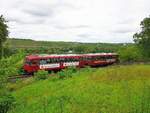 Mainschleifenbahn__KBS 12818 (seit 2019) ex KBS 418a. Schienenbus-Garnitur nahe Haltepunkt 'Vogelsburg'.__13-08-2023