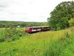 Mainschleifenbahn__KBS 12818 (seit 2019) ex KBS 418a. Schienenbus-Garnitur nahe Haltepunkt 'Vogelsburg'. Im Hintergrund der Main und die Wallfahrtskirche 'Maria im Weingarten' bei Volkach._13-08-2023  