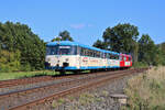 798 813-1, 798 592-1 und 998 633-1 der Wisentatalbahn erreichen Neuenmarkt-Wirsberg anlässlich des 175-jährigen Jubiläums der schiefen Ebene. (30.09.2023)