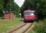 798 610 der 'Deutschen Eisenbahnromantik' (ex PEG T2) am 17.08.2012 auf einer Planfahrt von Putlitz nach Pritzwalk im Hp 'Kuhbier'.