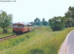 Der VT 796 hatte am 21.5.95 auf dem Weg nach Ebrach gerade Stappenbach passiert, dessen erstes Gebäude etwa 50 Meter rechts vom Bildrand stand.
