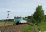 Am ersten Fahrtag (09.05.2009) der Erzgebirgischen Aussichtsbahn (kurz EAB) sind 772 312 und 772 376 als DPE 89661 nahe Walthersdorf in Richtung Sehma unterwegs.