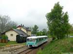 Am zweiten Fahrtag (10.05.2009) der Erzgebirgischen Aussichtsbahn (kurz EAB) sind 772 312 und 772 376 als DPE 89661 gerade in den ehem.