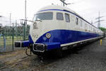 Der frühere Salontriebwagen der US-Army 608 801  Der General  am 29.04.2023 in blau/beige bei der Historischen Eisenbahn in Mannheim-Friedrichsfeld. 