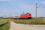 DB 101 083-4 fährt mit dem IC 2085  Nebelhorn  (Hamburg-Altona - Oberstdorf) und dem IC 2083  Königsee  (Hamburg-Altona - Berchtesgarden) bei Uffenheim in Richtung Ansbach.