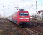 Am Gleis 2 fhrt jetzt ein der EC 241  Wawel  von Hamburg-Altona nach Krakow Glowny ber Cottbus und Forst. Als Lok dient 101 115-4. Lbbenau/Spreewald den 20.03.2008 