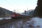 101 020 schleppt am 12.01.2013 den ICE-T  Berlin  durch den Frankenwald zwischen Frtschendorf und Pressig-Rothenkirchen.