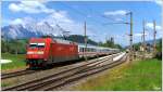 Vor der Kulisse des Grimmings, zieht 101 036 den EC 216 von Graz nach Saarbrcken.
Grbming 26.5.2012