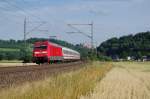 101 091 mit IC 2900 als Ersatzzug am 26.07.2013 in Blumau bei Kronach gen Norden. 