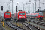 Loks der BR 101 warten in Stralsund auf ihren Einsatz an verschiedenen ICs.