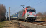 Geführt von 101 144 rollte der wegen einer Streckensperrung bei Jüterbog über Dessau umgeleitete EC 379 am 16.02.17 durch Greppin Richtung Leipzig.
