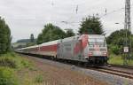 101 144 brachte am 26.06.2012 einen DB Autozug in Richtung Norden. Aufgenommen am B Eltmannshausen/Oberhone.