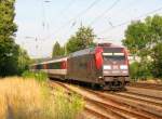 Der IC 181 (Frankfurt - Stuttgart - Zürich) wurde am 17.07.2013 über die Altbaustrecke umgeleitet. Das Bild zeigt den Zug mit 101 110-5 bei der Durchfahrt durch den Bahnhof Sachsenheim.