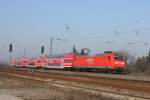 Mit vier Doppelstockwagen im neuen VVO-Design fhrt 145 049-3 als S1 nach Bad Schandau durch Coswig. Fotografiert am 31.01.2011. 