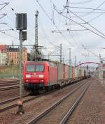 145 055-0 kommt am 15.03.2014 mit einem Elbtalumleiter durch den Bahnhof Werdau gefahren.