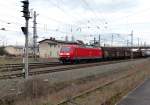 145 001-4 fährt mit gemischten Güterzug in den Bahnhof Nordhausen ein. 22.03.2013