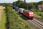 145 050-1  Sonderfahrt  am 22.08.2014 mit einem Containerzug südlich von Müllheim (Baden) auf dem Weg in Richtung Schweiz.