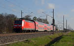 146 024 schleppte am 06.04.17 ihren RE von Magdeburg nach Naumburg durch Braschwitz Richtung Halle(S). Normalerweise fahren diese RE geschoben Richtung Halle(S).