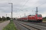 Nachschuss auf 146 231-6, welche am 16.09.2016 ihren RE (Basel Bad Bf - Offenburg) aus dem Bahnhof von Müllheim (Baden) gen Norden schob.