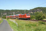 Hier zusehen ist 146 213 mit einer S1 nach Schöna am 30.7.24 in der bekannten Fotokurve bei Rathen im Elbtal. Grüße zurück.