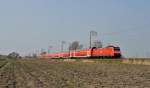 146 108-6 fuhr am 10.04.2015 mit einem RE von Norddeich Mole nach Hannover, hier bei Gandersum.