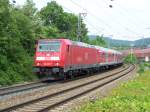 Die Br.146 216-7 fuhr am 10.05.07 mit Ex-Silberlingen auf der Remsbahn. Dieser Zug fuhr von Aalen nach Stuttgart Hbf. Hier kurz nach der Ausfahrt des Bahnhofs Aalen.