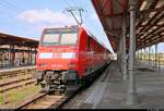 146 024 der Elbe-Saale-Bahn (DB Regio Südost) als RB 16223 (RB32) von Salzwedel steht in ihrem Endbahnhof Stendal auf Gleis 4.