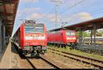 146 015 der Elbe-Saale-Bahn (DB Regio Südost) als RE 4690 (RE20) von Magdeburg Hbf nach Uelzen trifft auf 146 024 als RB 16224 (RB32) von Stendal nach Salzwedel im Bahnhof Stendal.