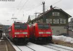 146.2 Treffen in St.Georgen(Schwarzw). LInks 146 229-0 Ex  badisch Knut  mit dem RE 4707.Rechts 146230-8 muit dem RE 4708 24.3.08