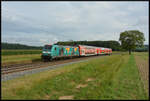 Am 04.08.2024 fuhr die DB Regio SOB 146 247  Joblok: Ein Arbeitsplatz in meiner Nähe  mit drei Doppelstockwagen des BR Radlzuges, als Lr-D 72397 Aschaffenburg – Mühldorf, bei Retzbach