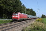 185 009 war am 4. September 2024 mit dem  Müllzug  bei Hufschlag in Richtung Traunstein unterwegs.