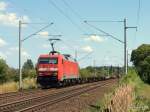 152 159-0 hat am 16.07.09 einen fast leeren KLV-Zug Richtung Hamburg am Haken und hat soeben Reinfeld (Holst.) Richtung Bad Oldesloe durchfahren.