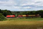  Theaterbeleuchtung  fr Railion 152 067-5 vor Containerzug Richtung Regensburg, KBS 880 Nrnberg - Passau, fotografiert bei Edlhausen am 14.07.2012 