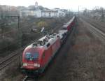 182 009-1 mit gemischten Gterzug kurz nach Regensburg Hbf, 14.03.2009 (Bahnbilder-Treffen Regensburg)