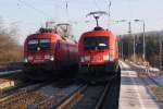 Seltener Anblick im Regionalbahneinsatz auf der KBS 504 ,2 Taurus im Einsatz 182 010-9 vor RB 16314 und 182 012-5 als Schublok fr RB 16315,gesehen im Bahnhof Leiling.10.01.2011