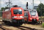 Hier links 182 024 und rechts 442 008-9, diese beiden Triebfahrzeuge begegneten sich am 25.7.2015 in Cottbus.