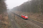 185 242 mit leeren Wagen für den Röhrentransport unterwegs auf der Hamm-Osterfelder-Bahn.