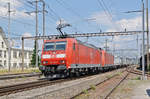 Doppeltraktion, mit den DB Loks 185 126-0 und 185 095-7, durchfahren den Bahnhof Pratteln. Die Aufnahme stammt vom 20.06.2017.