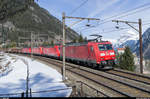 Aus dem Archiv...Gotthardbahn<br>
185 100 führt am 7. März 2015 einen Zug mit 4 Loks und leeren Tonerdewagen bei Wassen talwärts.