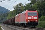 DB BR 185 091-6 zieht zusammen mit 185 105-4 ihren Güterzug am 03.09.2018 bei Umiken AG in Richtung Brugg.